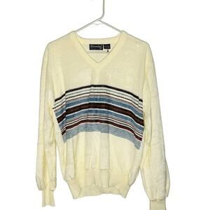 Vintage Townsley Women's White Long Sleeve V-Neck Striped Sweater Size XL
